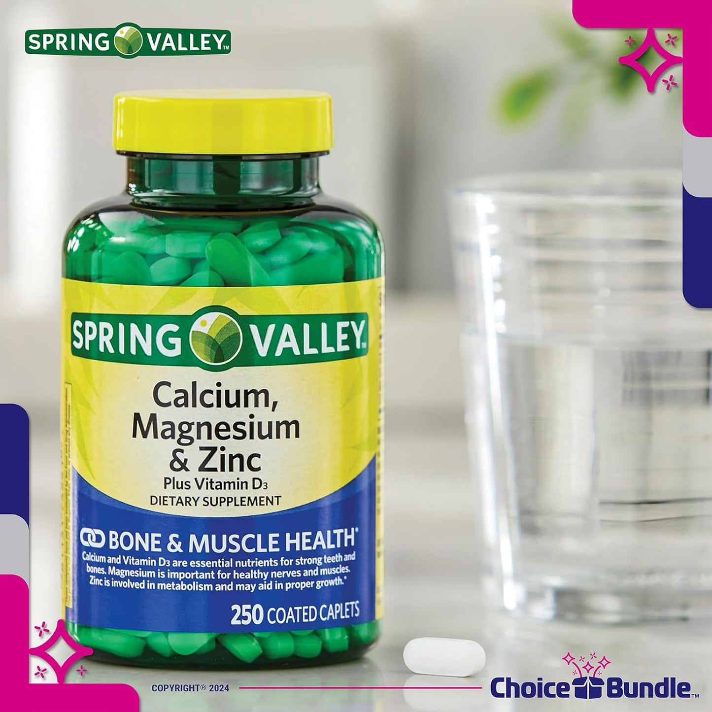 500 ct Spring Valley Calcium, Magnesium, Zinc, Vitamin D3 Caplets Bundle with Vitamin Vitality Guide & Pill Container