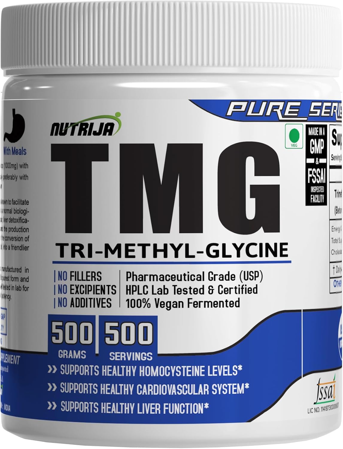 500 Grams NutriJa TRIMETHYLGLYCINE (TMG) Betaine Anhydrous Powder Supplement