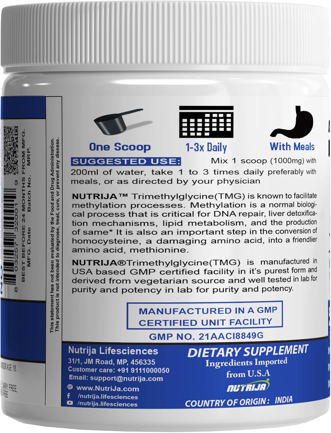 500 Grams NutriJa TRIMETHYLGLYCINE (TMG) Betaine Anhydrous Powder Supplement