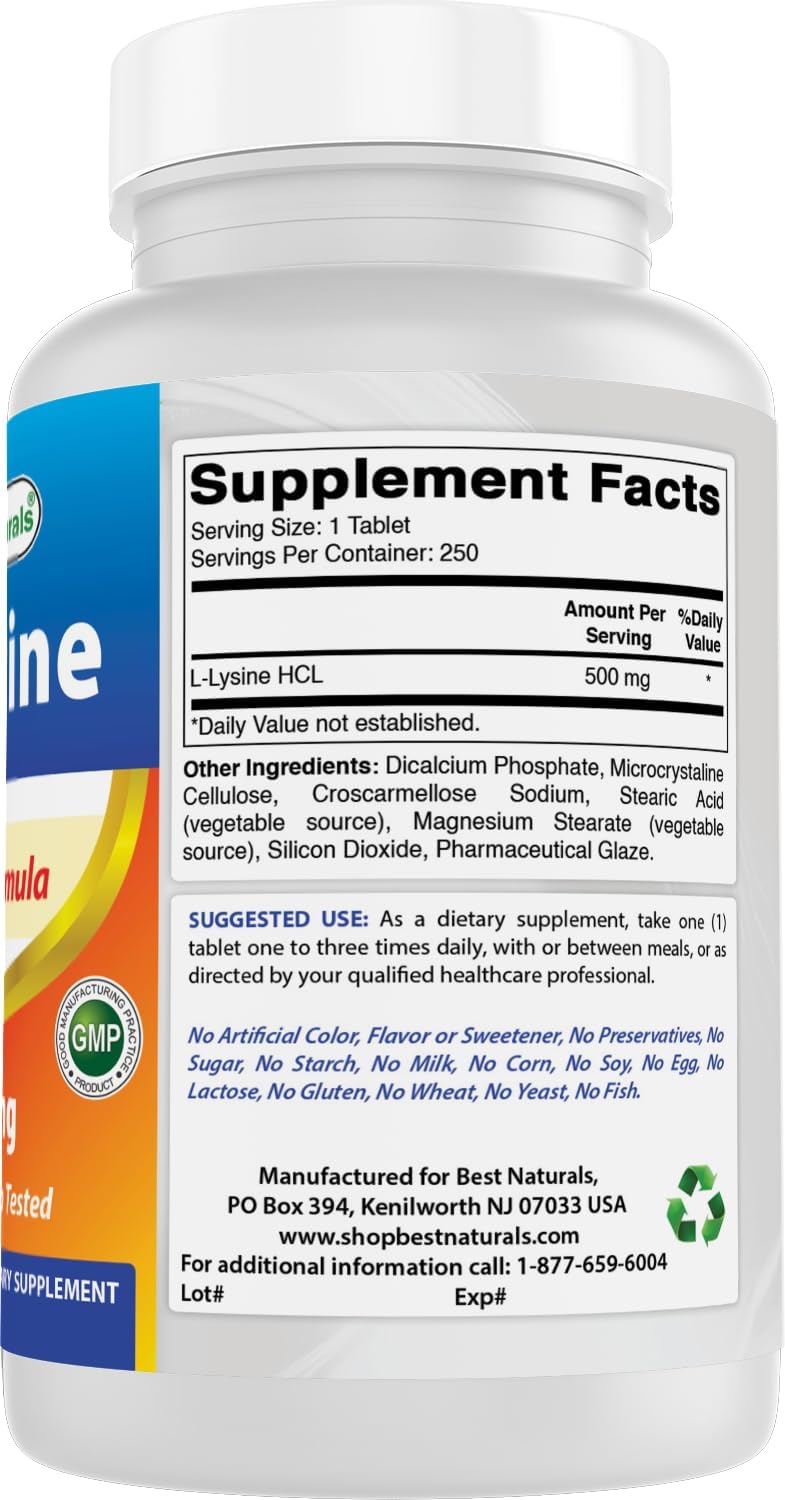 500 mg L-Lysine Tablets - 250 Count (Pack of 2) - High Quality Natural Supplement for Immune Support