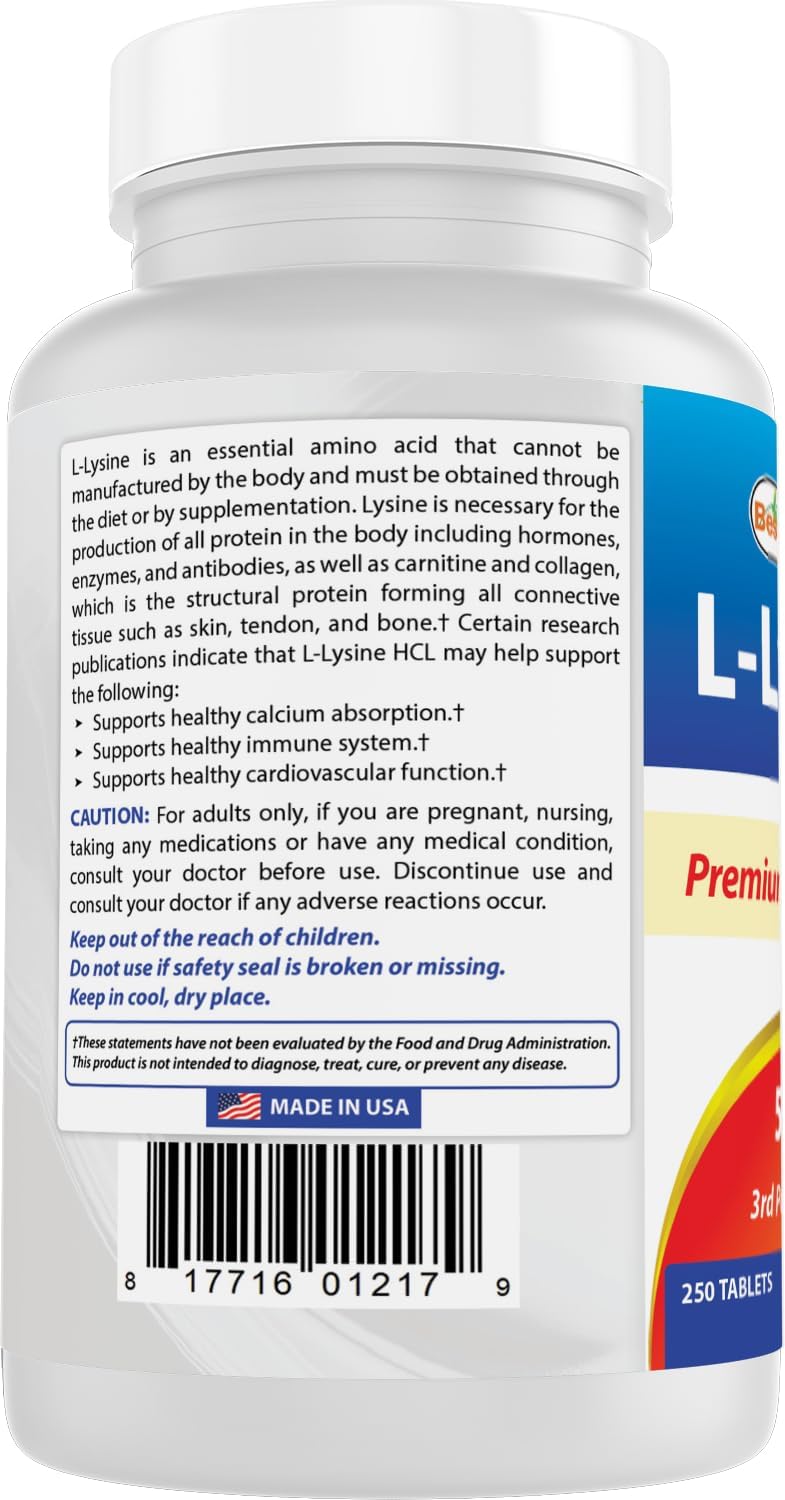 500 mg L-Lysine Tablets - 250 Count (Pack of 2) - High Quality Natural Supplement for Immune Support