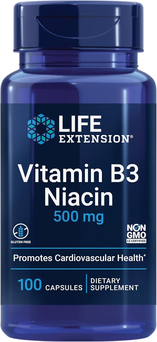 500 mg Life Extension Vitamin B3 Niacin Capsules for Heart Health and Energy Production, Gluten-Free, Non-GMO