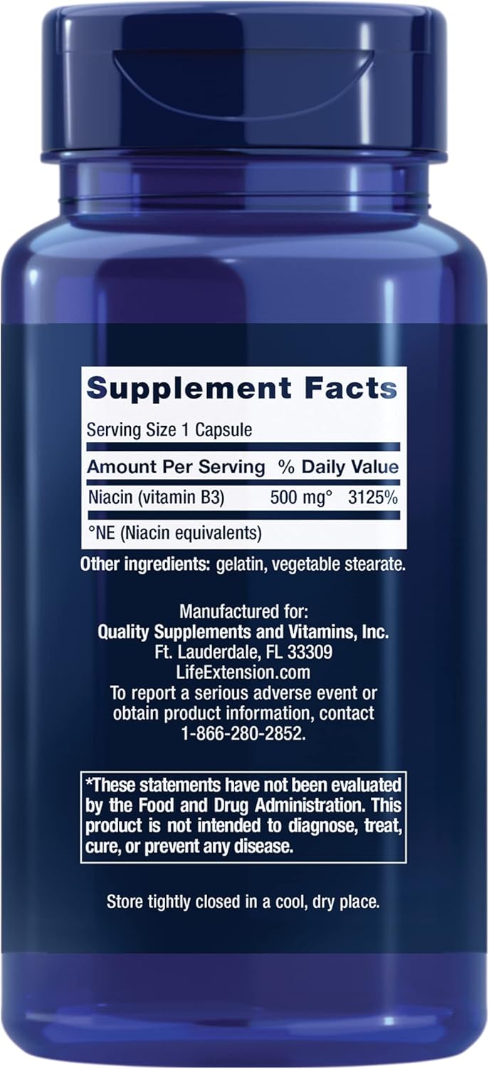 500 mg Life Extension Vitamin B3 Niacin Capsules for Heart Health and Energy Production, Gluten-Free, Non-GMO