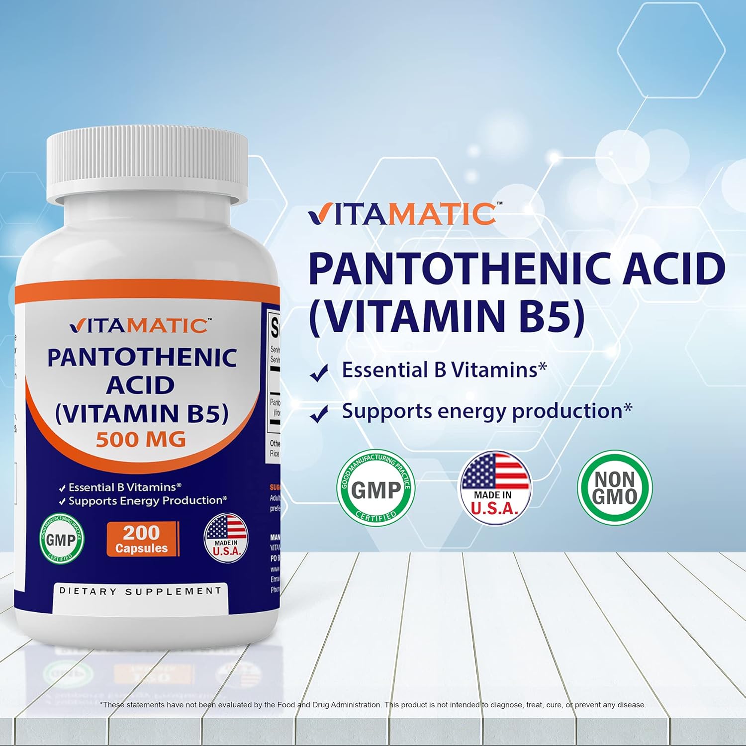 500 mg Pantothenic Acid (Vitamin B5) Supplement - 200 Capsules by Vitamatic