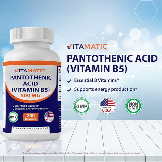 500 mg Pantothenic Acid (Vitamin B5) Supplement - 200 Capsules by Vitamatic