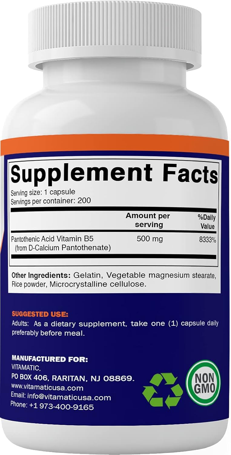 500 mg Pantothenic Acid (Vitamin B5) Supplement - 200 Capsules by Vitamatic