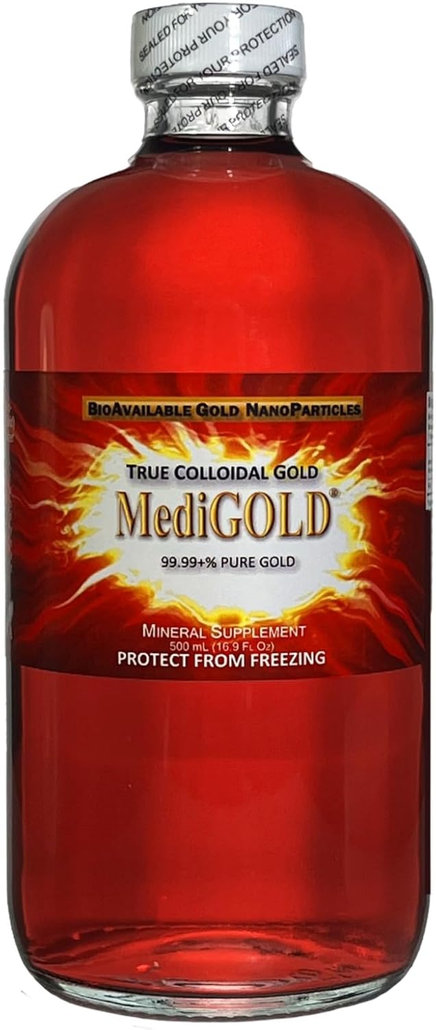 500 mL MediGOLD True Colloidal Gold Dietary Supplement in Clear Glass Bottle