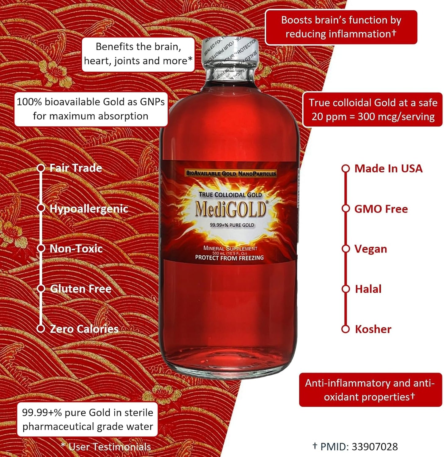 500 mL MediGOLD True Colloidal Gold Dietary Supplement in Clear Glass Bottle