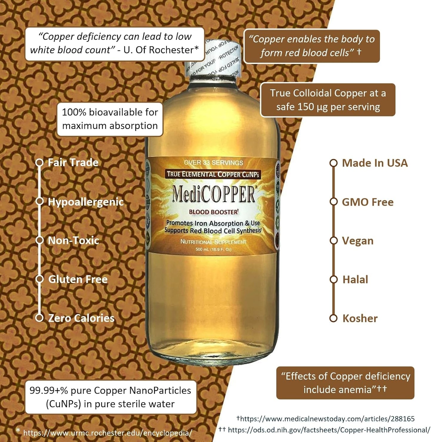 500 mL Nutraneering MediCOPPER True Colloidal Copper CuNP Blood Booster in Clear Glass Bottle