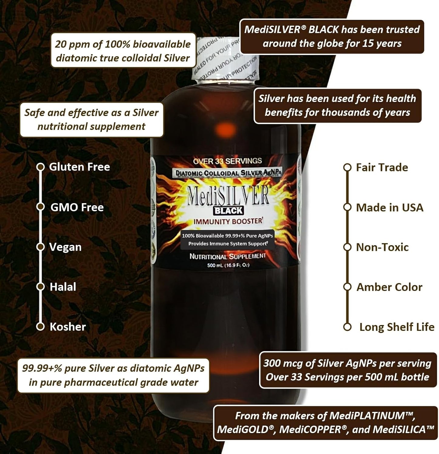 500 mL Nutraneering MediSILVER Black Immunity Booster Colloidal Silver AgNP Nutrient - Clear Plastic Bottle