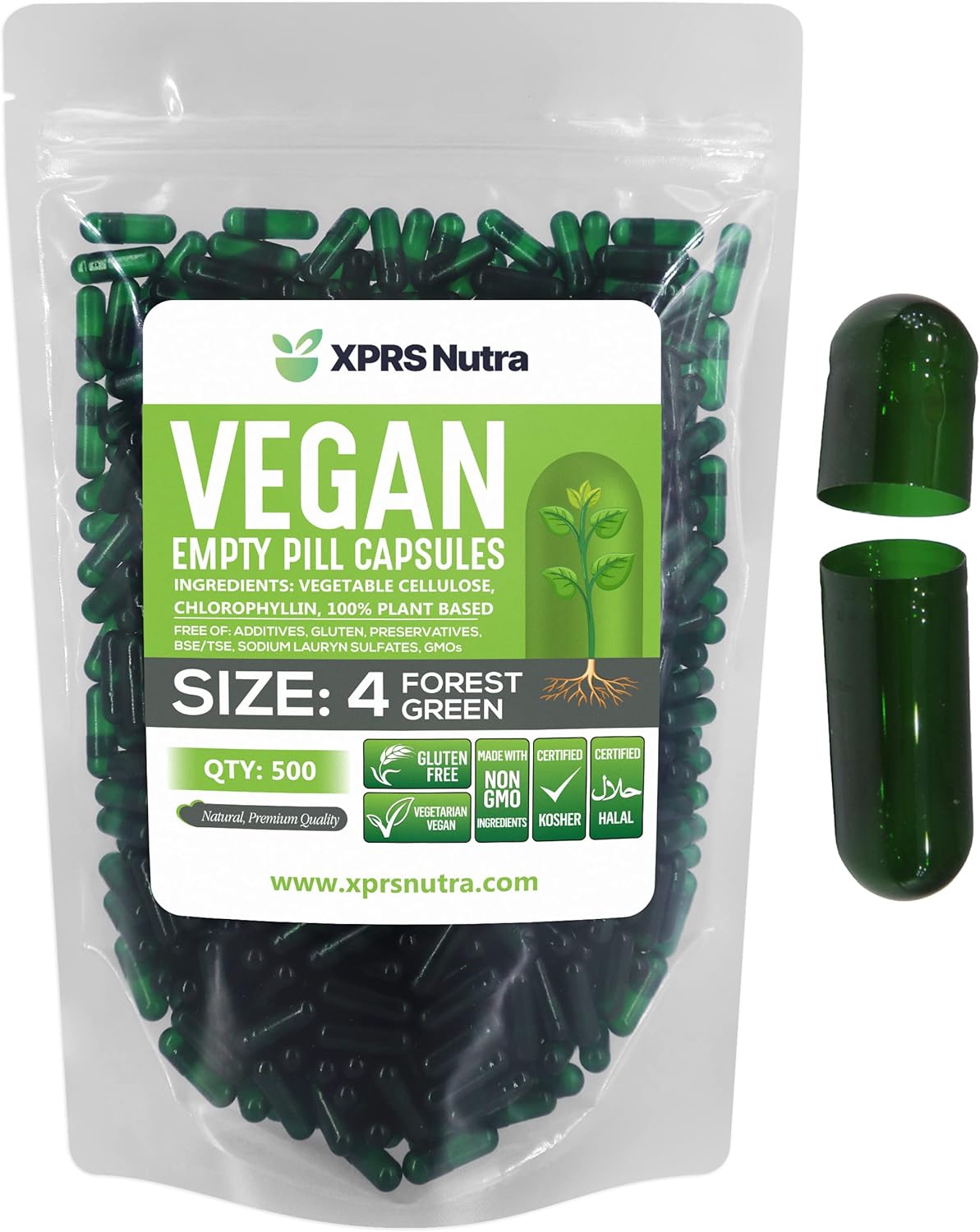 500 Small Vegan Empty Capsules for DIY Vegetable Filling - XPRS Nutra Size 4 Capsules - Vegetarian Pill Capsules - Veggie Pill Capsules in Forest Green - BoostGo Australia