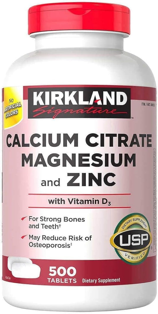 500 Tablets Kirkland Signature Calcium Citrate Magnesium Zinc Supplement for Bone Health and Immune Support