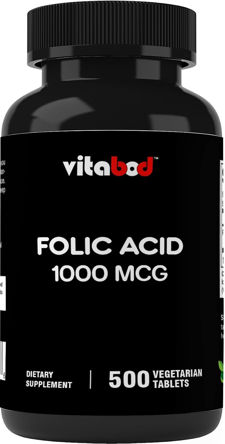 500 Vegetarian Tablets of Vitabod Folic Acid 1 mg (1000 mcg) - Essential Prenatal and Postnatal Vitamin B9