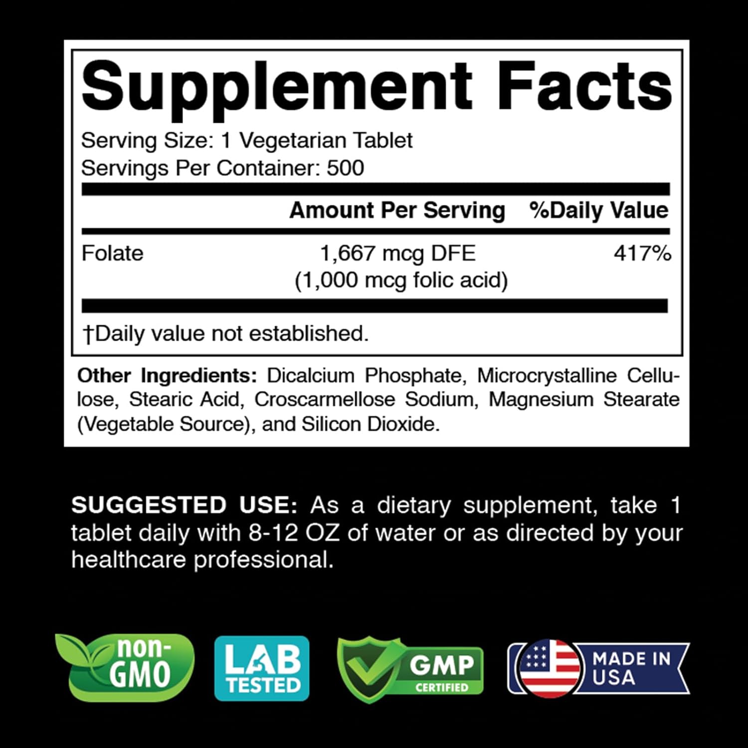 500 Vegetarian Tablets of Vitabod Folic Acid 1 mg (1000 mcg) - Essential Prenatal and Postnatal Vitamin B9
