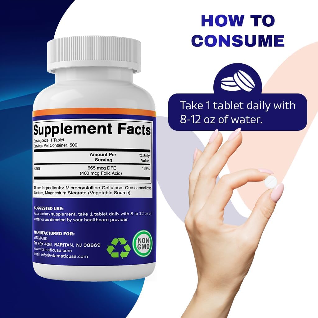 500 Vegetarian Tablets of Vitamatic Folic Acid 400 mcg for Vitamin B9 Support