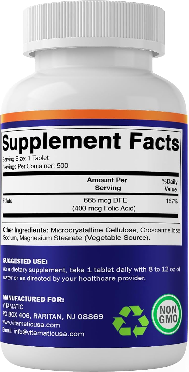 500 Vegetarian Tablets of Vitamatic Folic Acid 400 mcg for Vitamin B9 Support