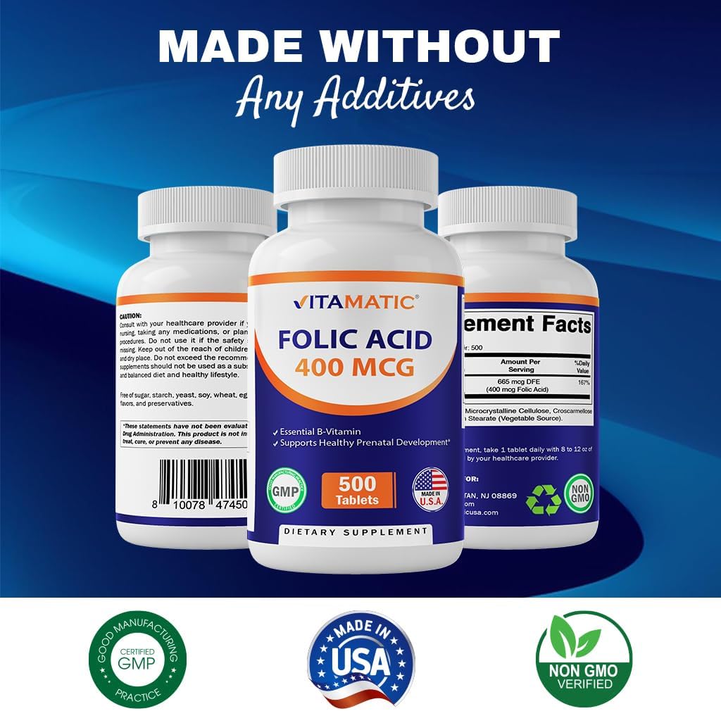 500 Vegetarian Tablets of Vitamatic Folic Acid 400 mcg for Vitamin B9 Support