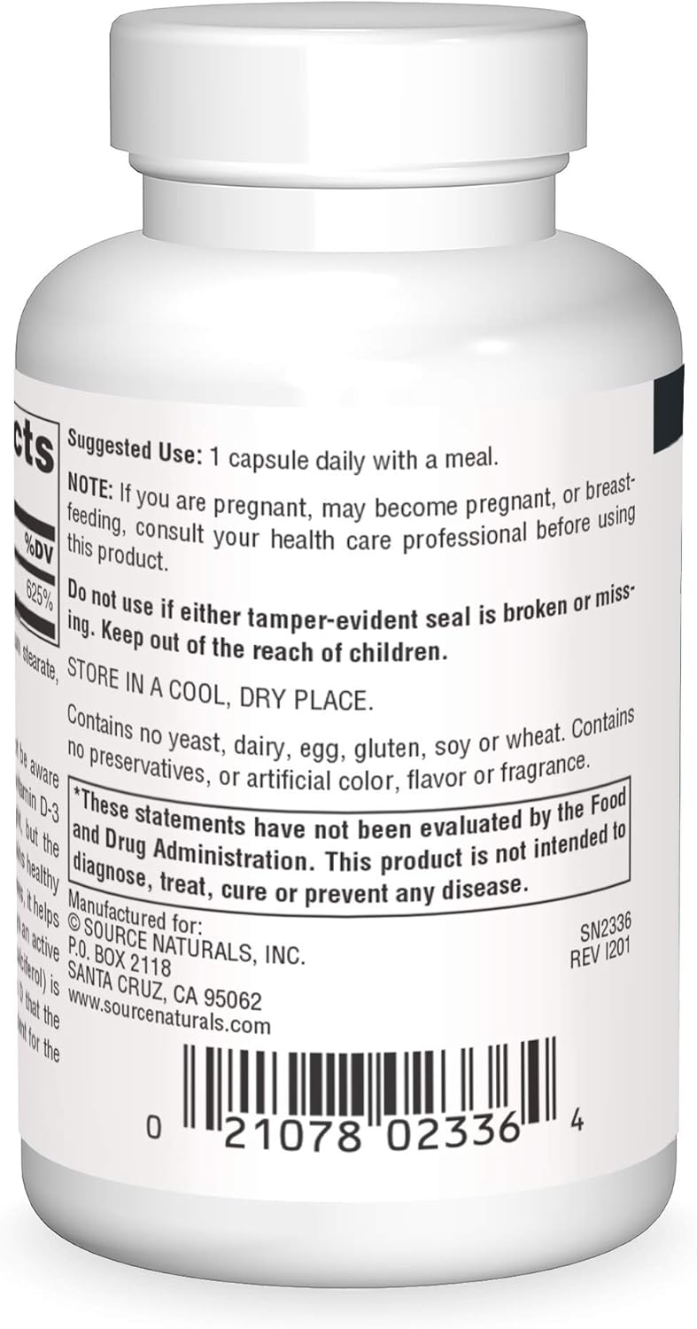 5000 IU Vitamin D-3 Capsules for Bone & Immune Health by Source Naturals - 60 Count
