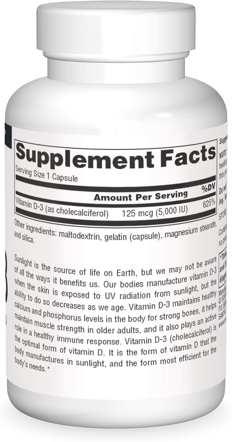 5000 IU Vitamin D-3 Capsules for Bone & Immune Health by Source Naturals - 60 Count