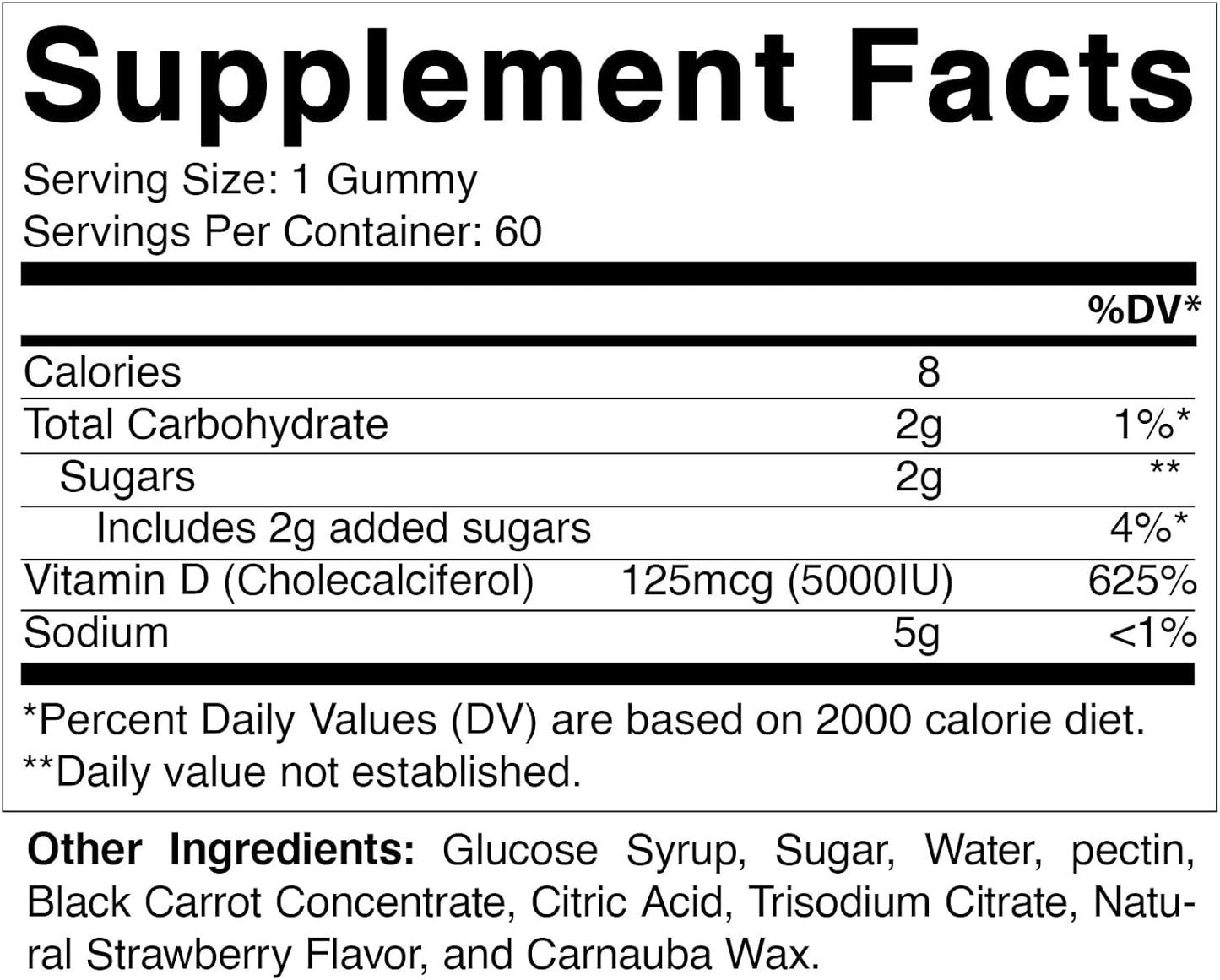 5000 IU Vitamin D3 Gummies for Healthy Bones, Teeth, and Immune System - 60 Gummies with Great Taste for Better Mood and Joint Support