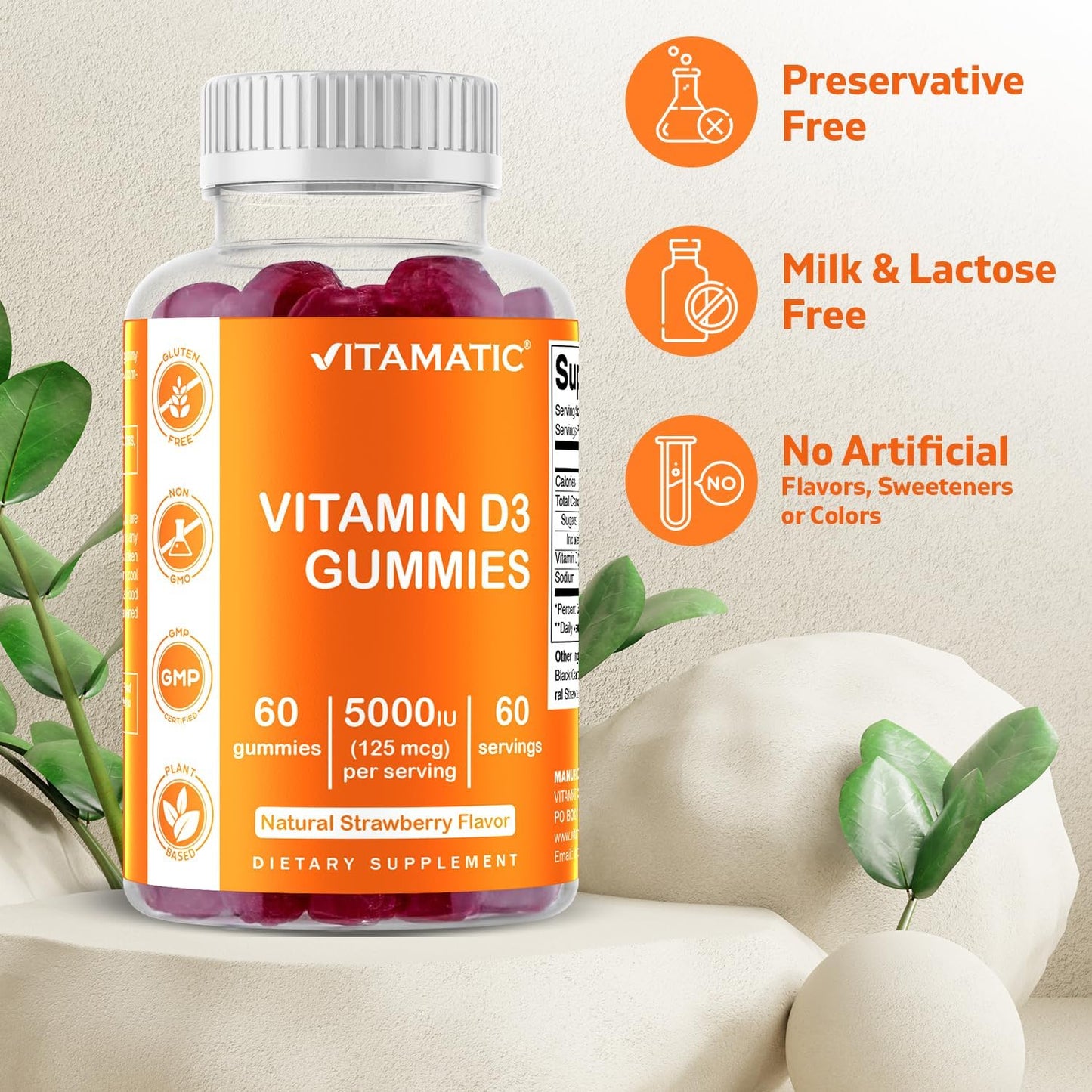 5000 IU Vitamin D3 Gummies for Healthy Bones, Teeth, and Immune System - 60 Gummies with Great Taste for Better Mood and Joint Support
