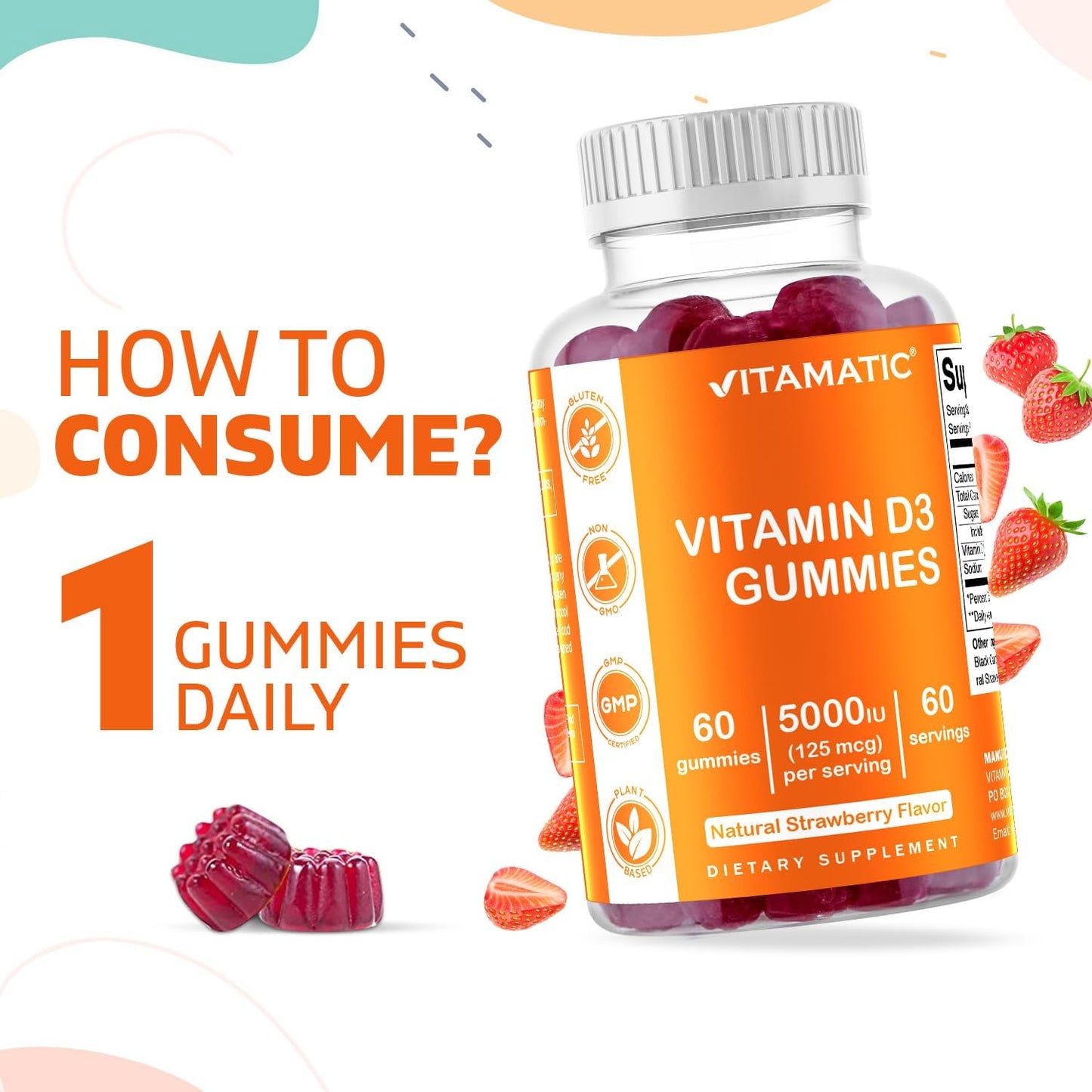 5000 IU Vitamin D3 Gummies for Healthy Bones, Teeth, and Immune System - 60 Gummies with Great Taste for Better Mood and Joint Support