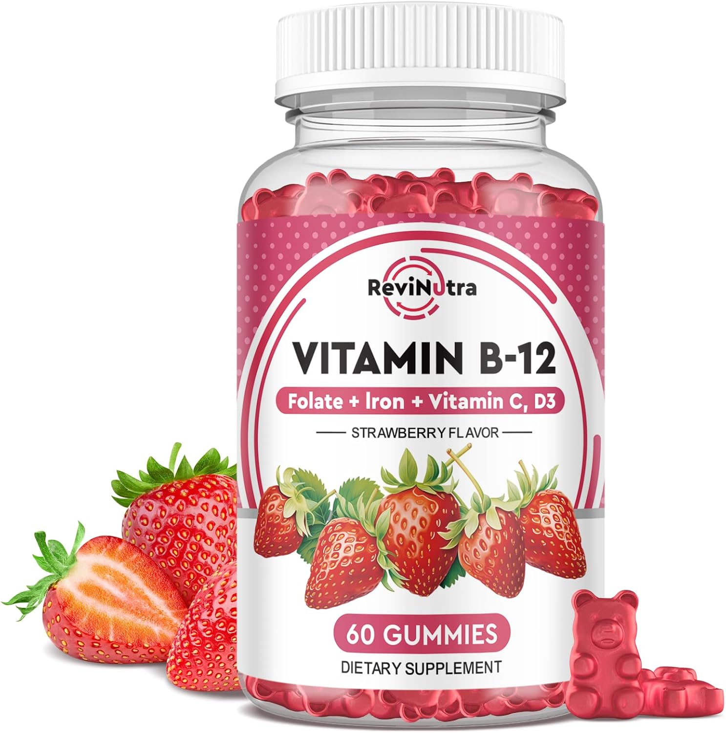 5000 mcg Methylcobalamin Vitamin B12 Gummies with Iron, Vitamin C, D3, Folate - Energy & Metabolism Support, Immune Boost - Chewable Supplement for Men & Women - Strawberry Flavor