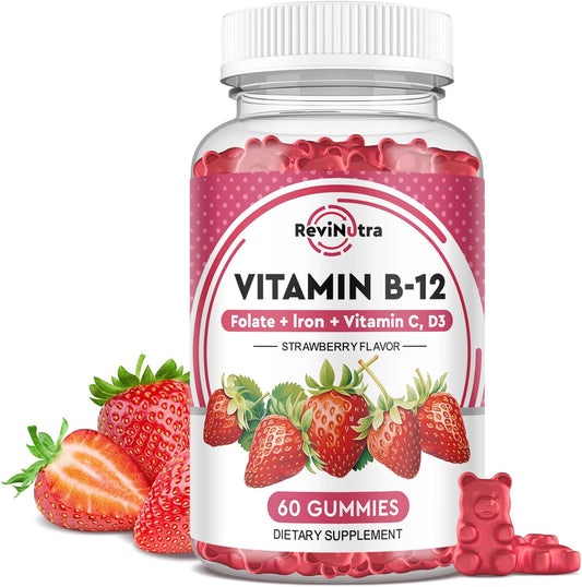 5000 mcg Methylcobalamin Vitamin B12 Gummies with Iron, Vitamin C, D3, Folate - Energy & Metabolism Support, Immune Boost - Chewable Supplement for Men & Women - Strawberry Flavor
