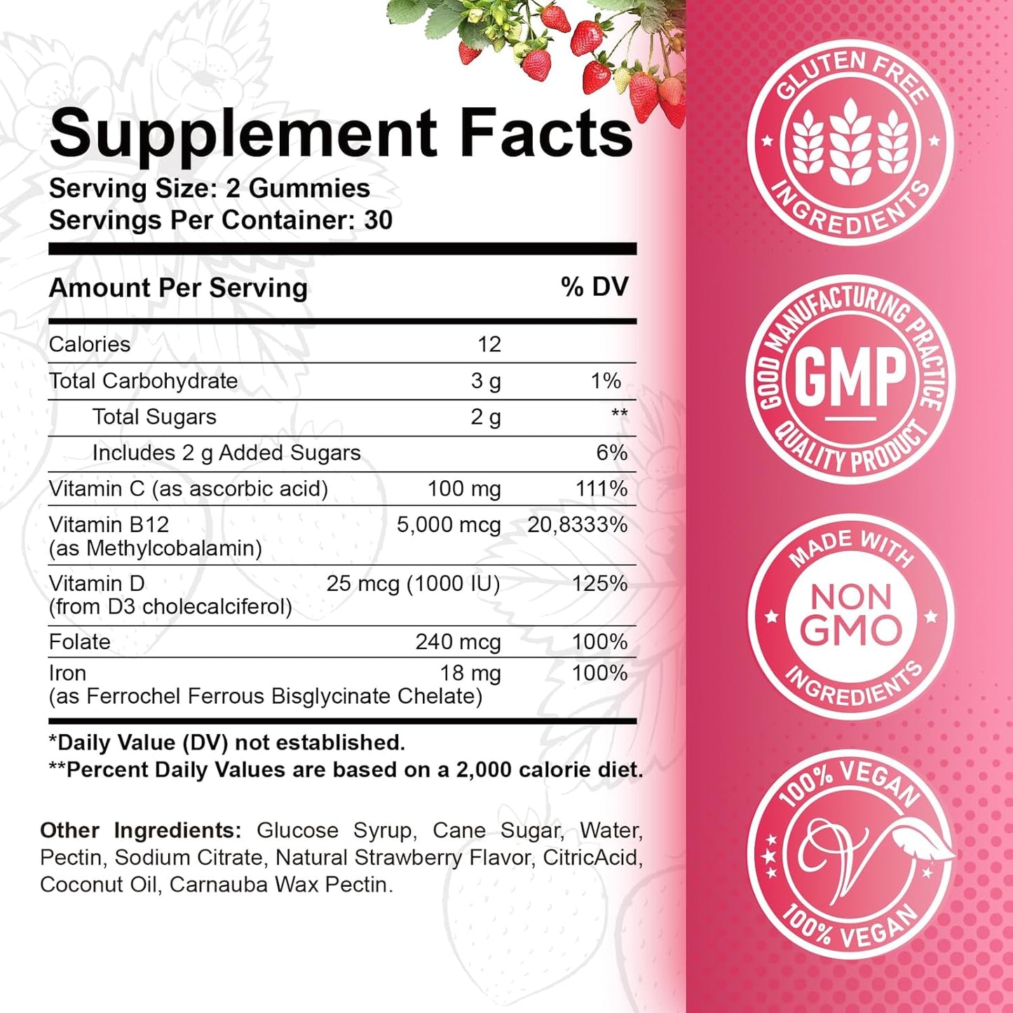 5000 mcg Methylcobalamin Vitamin B12 Gummies with Iron, Vitamin C, D3, Folate - Energy & Metabolism Support, Immune Boost - Chewable Supplement for Men & Women - Strawberry Flavor