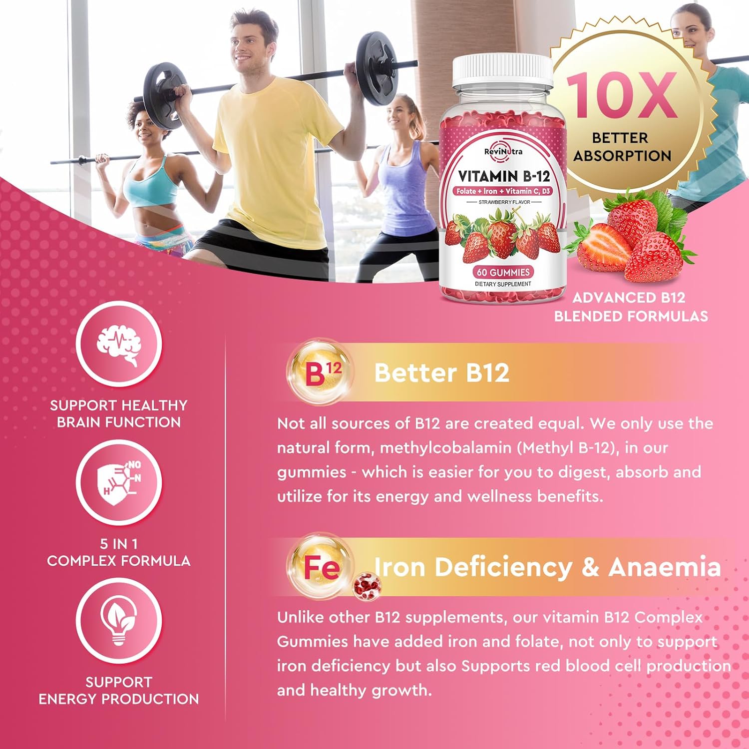 5000 mcg Methylcobalamin Vitamin B12 Gummies with Iron, Vitamin C, D3, Folate - Energy & Metabolism Support, Immune Boost - Chewable Supplement for Men & Women - Strawberry Flavor