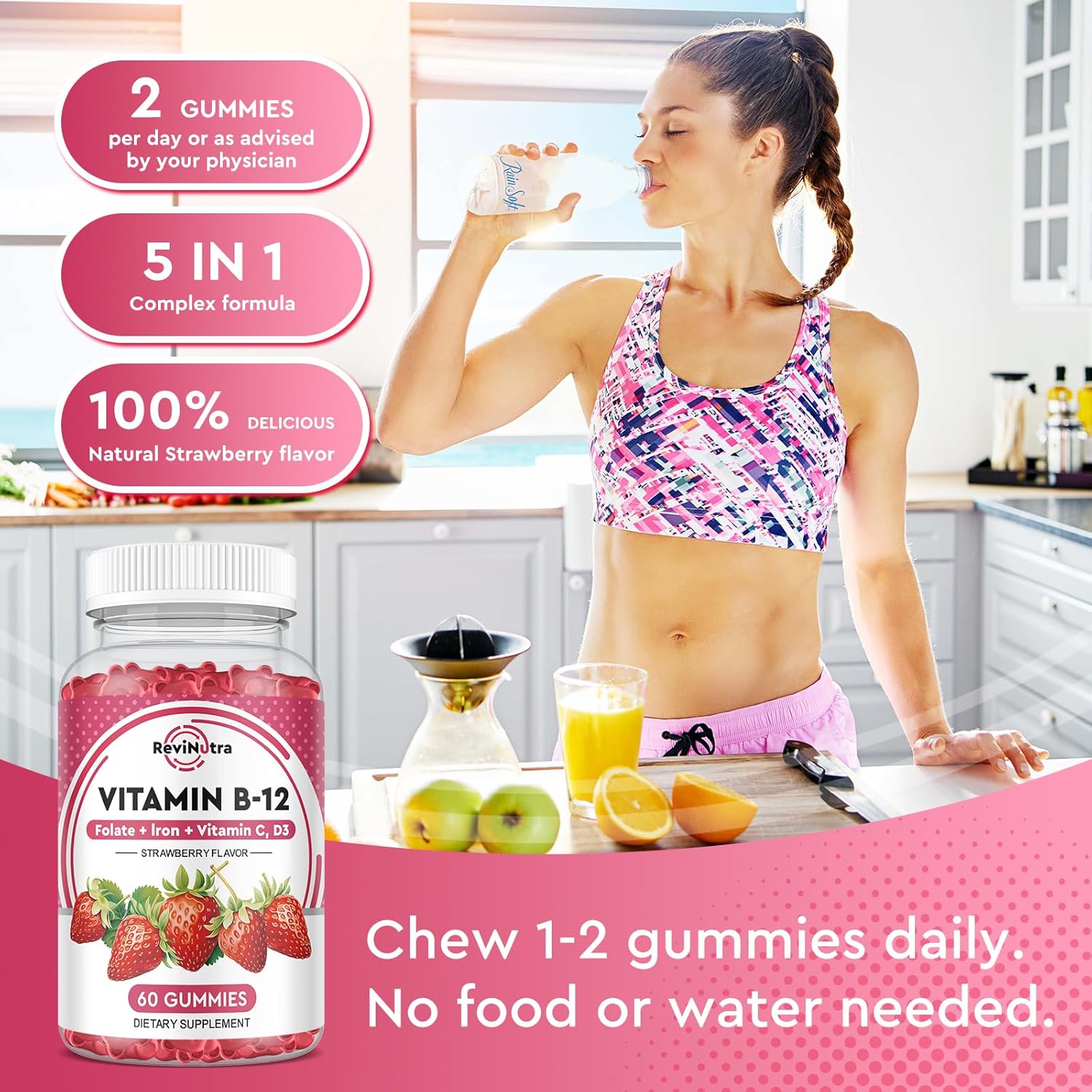 5000 mcg Methylcobalamin Vitamin B12 Gummies with Iron, Vitamin C, D3, Folate - Energy & Metabolism Support, Immune Boost - Chewable Supplement for Men & Women - Strawberry Flavor