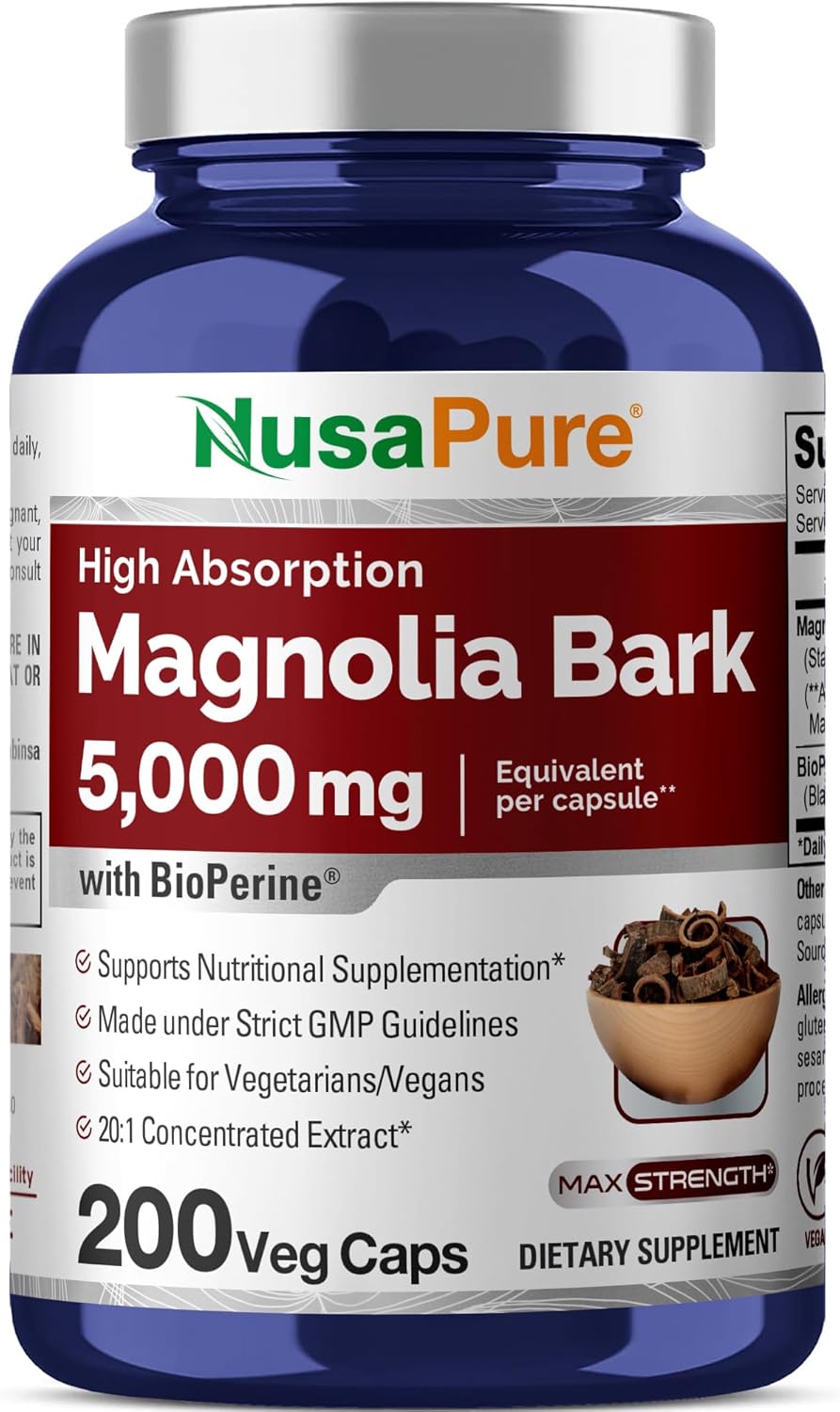 5000 mg Magnolia Bark Extract Capsules - 200 Vegan Vegetarian Capsules (Non-GMO, 4:1 Extract Ratio) by NusaPure - BoostGo Australia