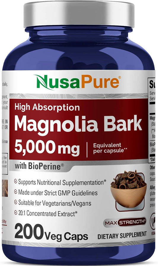 5000 mg Magnolia Bark Extract Capsules - 200 Vegan Vegetarian Capsules (Non-GMO, 4:1 Extract Ratio) by NusaPure - BoostGo Australia