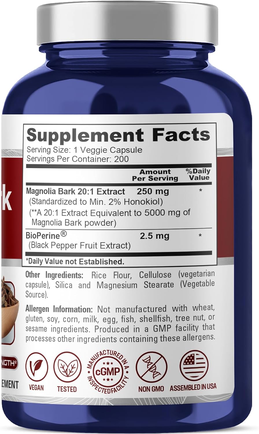 5000 mg Magnolia Bark Extract Capsules - 200 Vegan Vegetarian Capsules (Non-GMO, 4:1 Extract Ratio) by NusaPure - BoostGo Australia