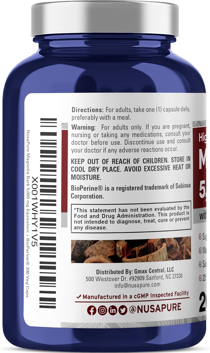 5000 mg Magnolia Bark Extract Capsules - 200 Vegan Vegetarian Capsules (Non-GMO, 4:1 Extract Ratio) by NusaPure - BoostGo Australia