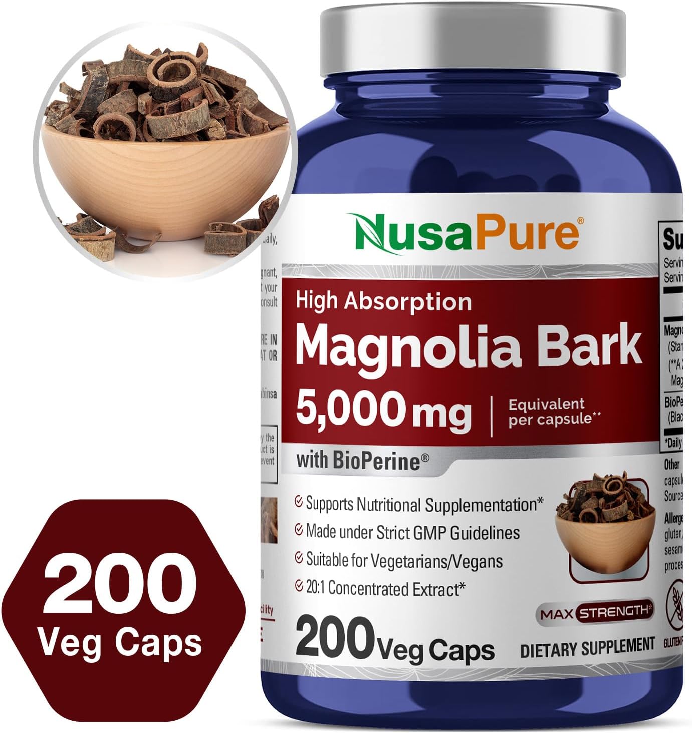 5000 mg Magnolia Bark Extract Capsules - 200 Vegan Vegetarian Capsules (Non-GMO, 4:1 Extract Ratio) by NusaPure - BoostGo Australia