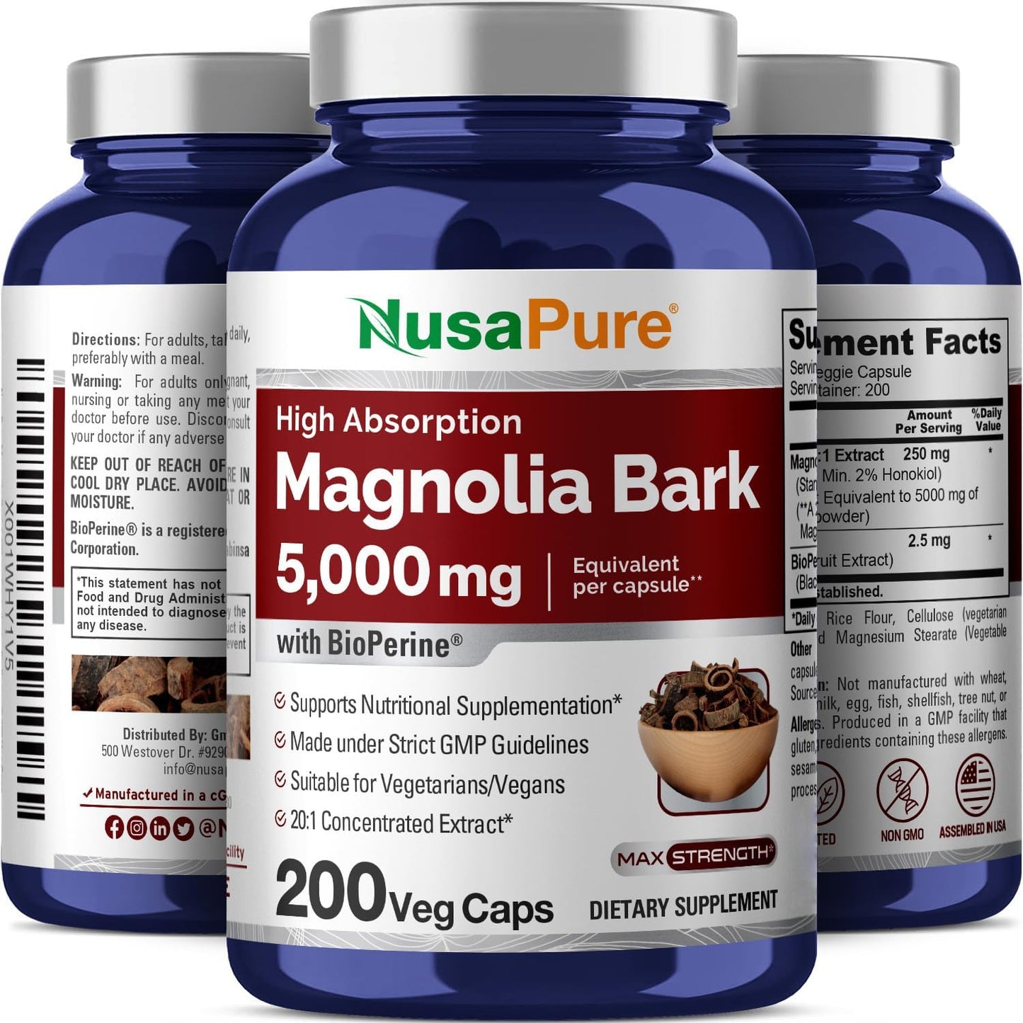 5000 mg Magnolia Bark Extract Capsules - 200 Vegan Vegetarian Capsules (Non-GMO, 4:1 Extract Ratio) by NusaPure - BoostGo Australia