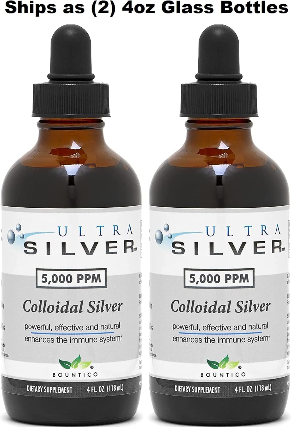 5,000 PPM Ultra Silver® Colloidal Silver 8 Oz - 2 Glass Bottles - Mineral Supplement - True Colloidal Silver with Dropper