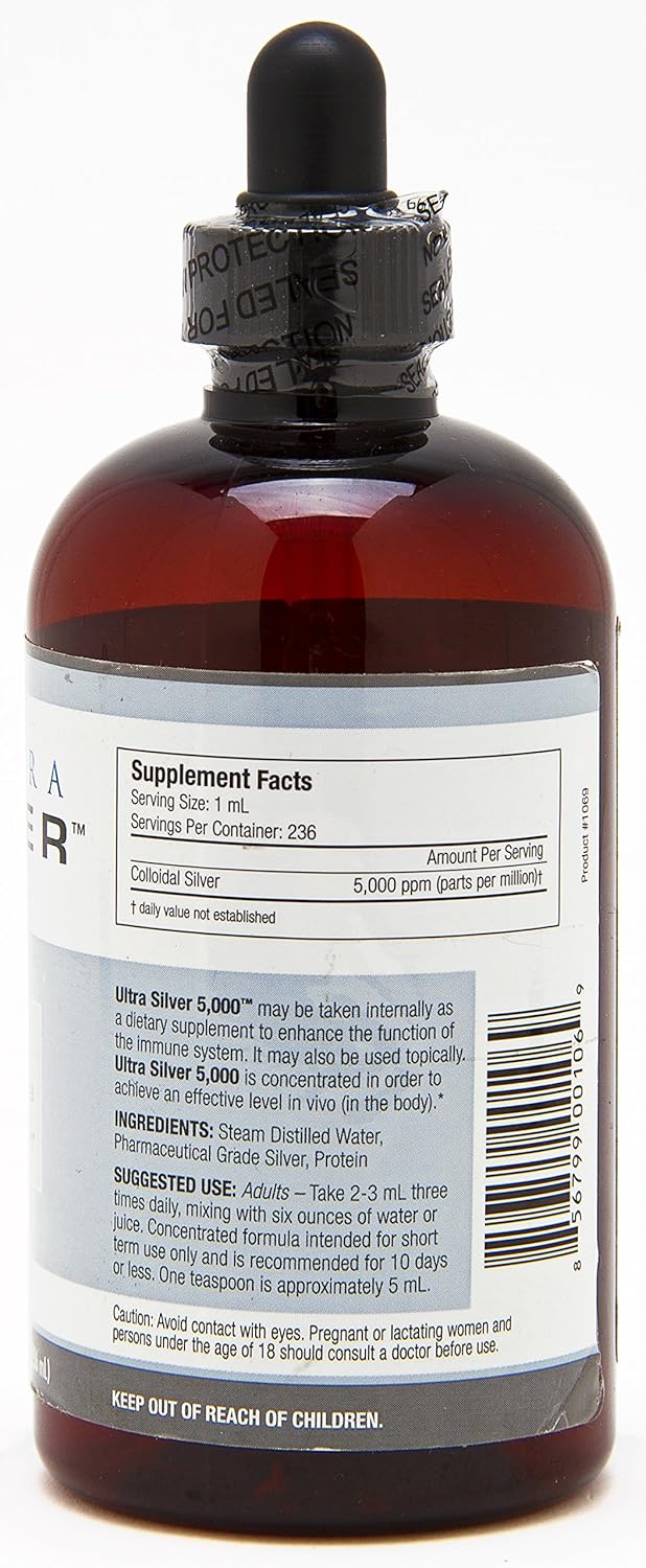 5,000 PPM Ultra Silver® Colloidal Silver 8 Oz - 2 Glass Bottles - Mineral Supplement - True Colloidal Silver with Dropper