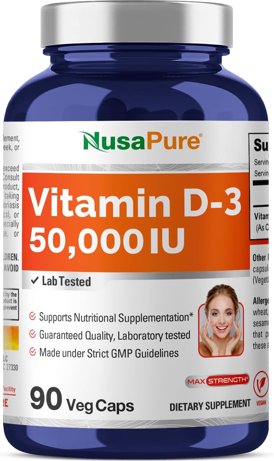 50,000 IU Vitamin D3 Supplement - 90 Vegan Capsules by NusaPure