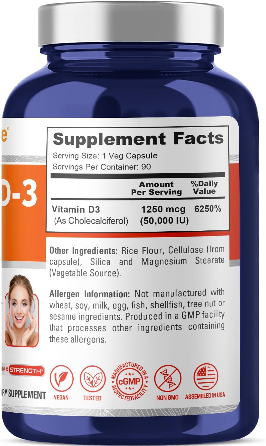50,000 IU Vitamin D3 Supplement - 90 Vegan Capsules by NusaPure