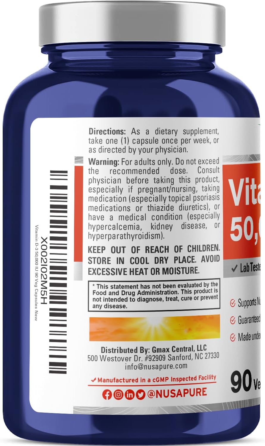50,000 IU Vitamin D3 Supplement - 90 Vegan Capsules by NusaPure