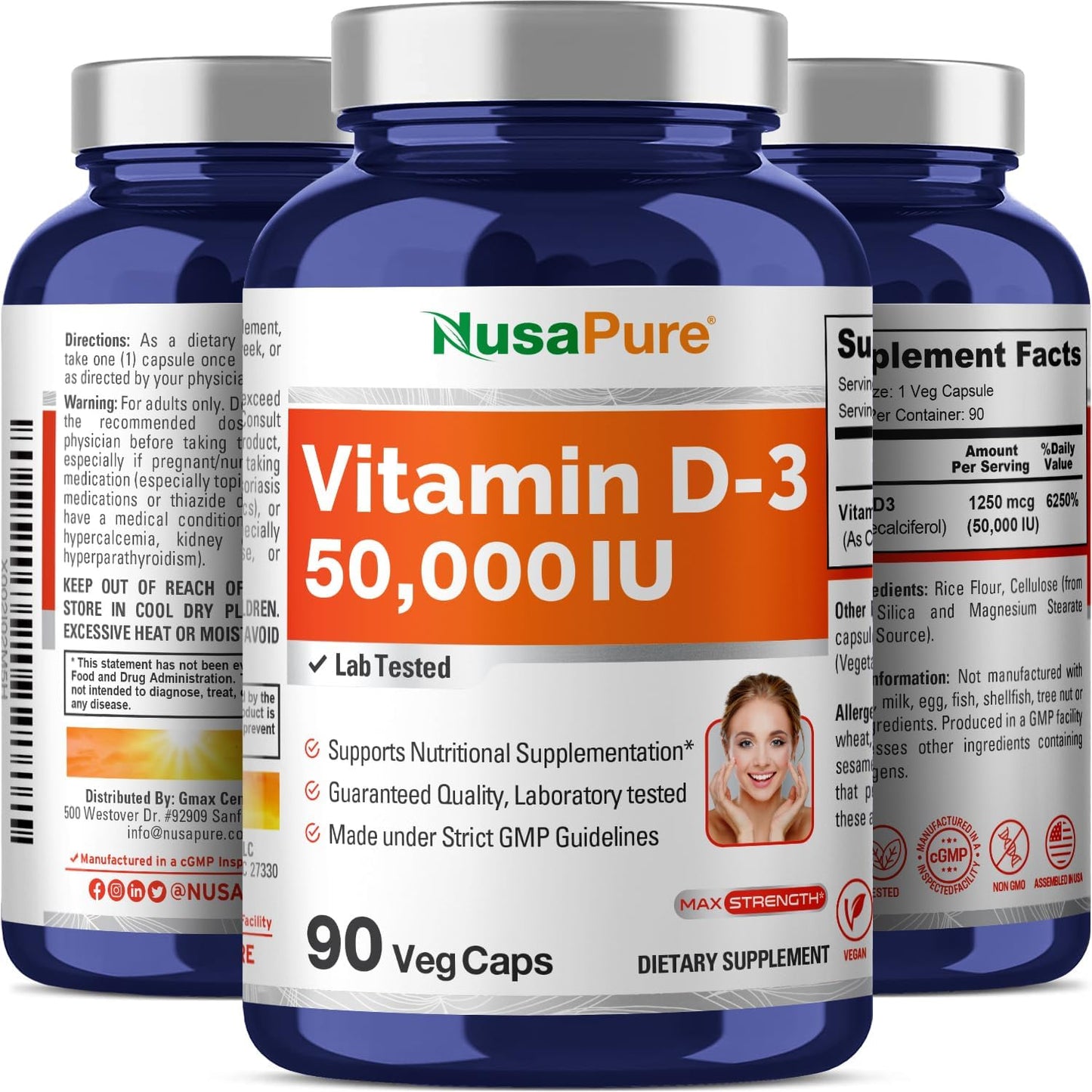 50,000 IU Vitamin D3 Supplement - 90 Vegan Capsules by NusaPure