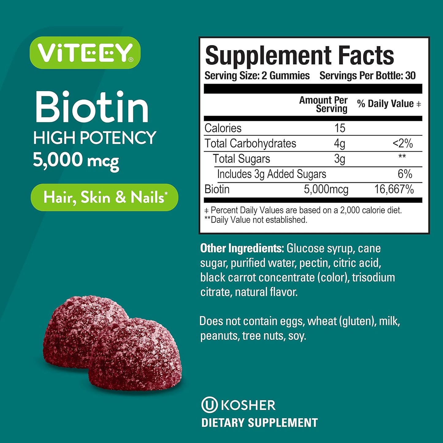 5,000mcg Biotin Gummies for Hair, Skin, Nails - Hair Growth, Healthy Skin, Strong Nails - Vegan & Gluten Free - Raspberry Flavor