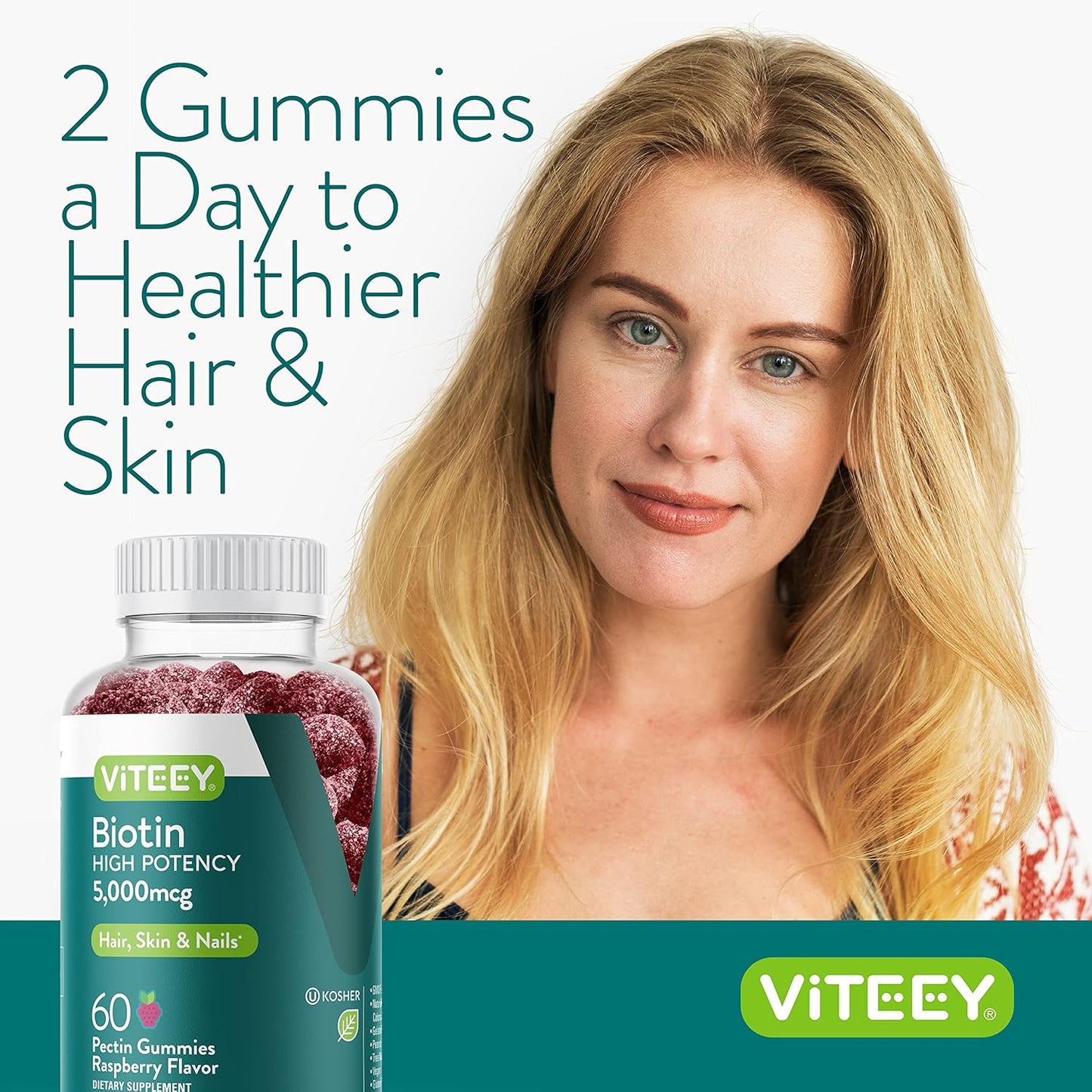 5,000mcg Biotin Gummies for Hair, Skin, Nails - Hair Growth, Healthy Skin, Strong Nails - Vegan & Gluten Free - Raspberry Flavor