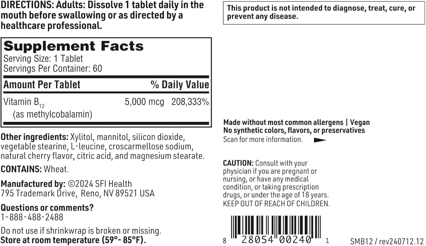 5000mcg Methylcobalamin Lozenges for Cognitive & Cardiovascular Support - Cherry Flavored, Hypoallergenic (60 Tablets)