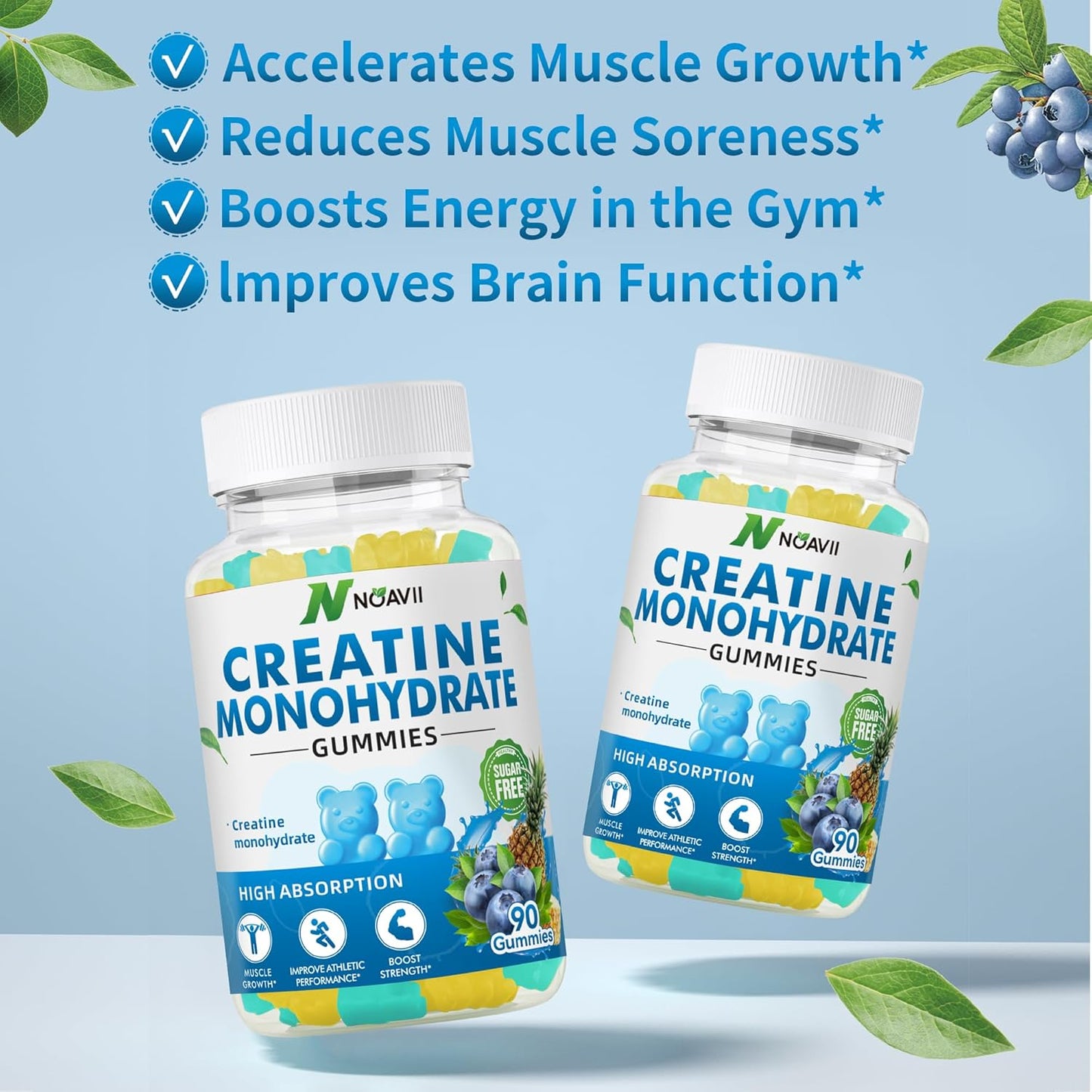 5000mg Creatine Monohydrate Gummies for Muscle Strength & Energy Boost - 90 Count Blueberry Pineapple Chewables for Men & Women