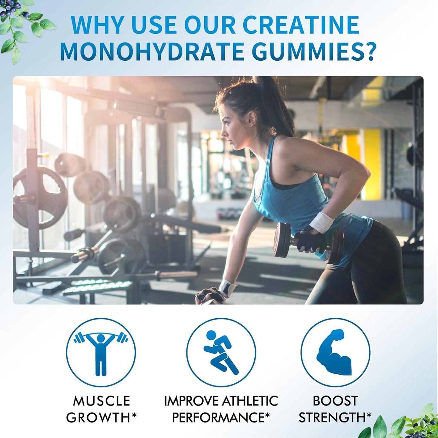 5000mg Creatine Monohydrate Gummies for Muscle Strength & Energy Boost - 90 Count Blueberry Pineapple Chewables for Men & Women