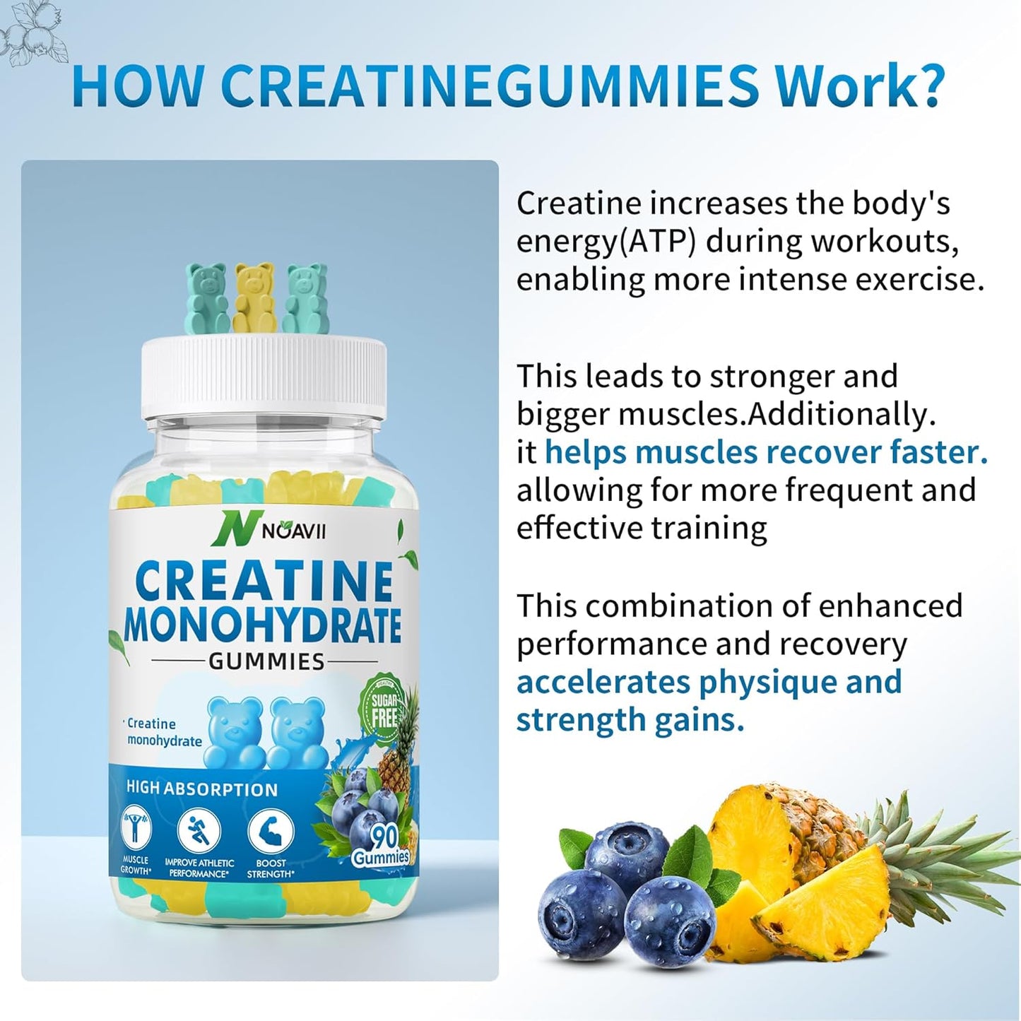 5000mg Creatine Monohydrate Gummies for Muscle Strength & Energy Boost - 90 Count Blueberry Pineapple Chewables for Men & Women