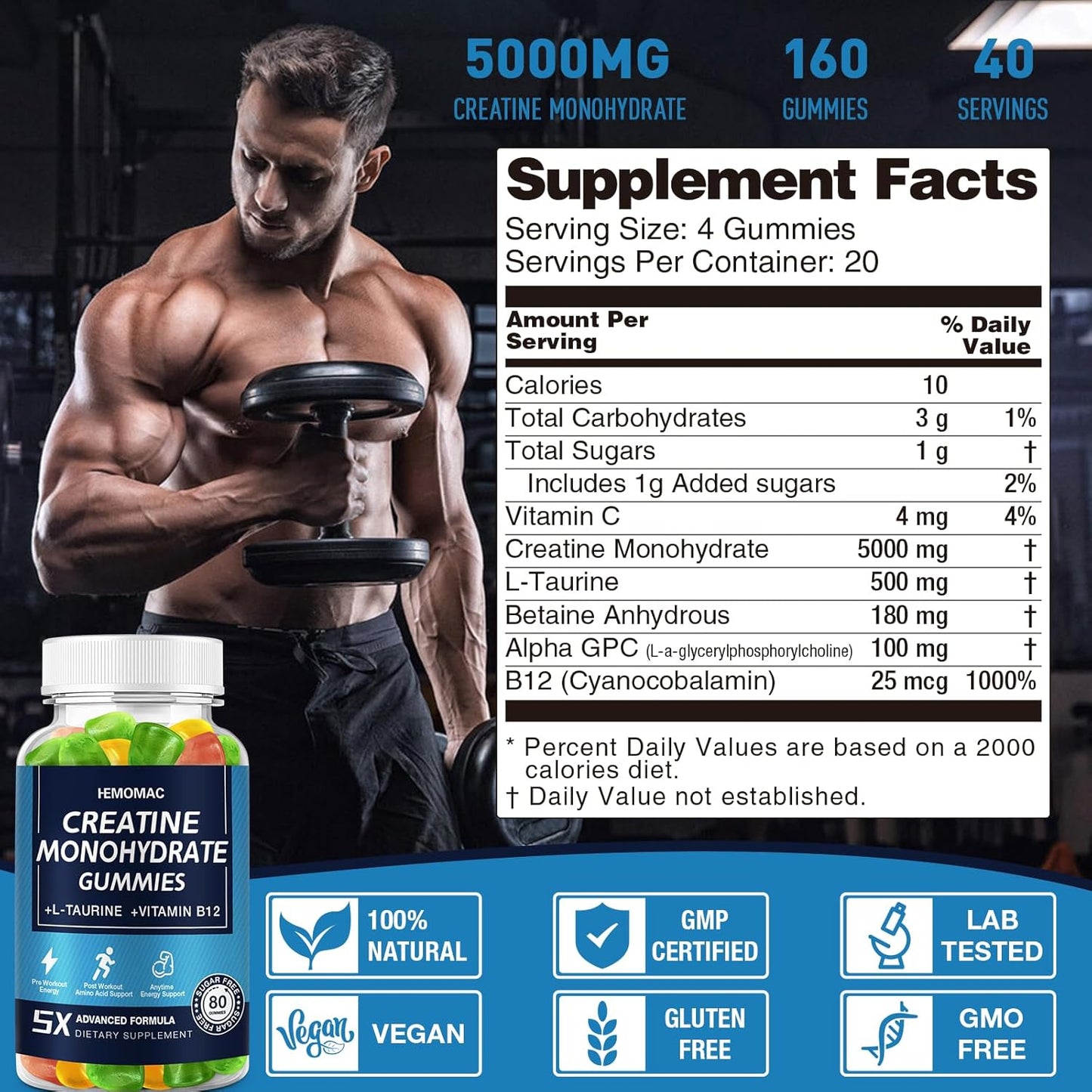 5000mg Creatine Monohydrate Gummies for Muscle Strength & Energy Boost - Vegan Workout Supplement for Men & Women - 1 Pack